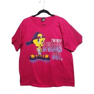 Vintage TWEETY BIRD Graphic T Shirt I'm Not Stressed Out Yet Pink L Looney Tunes